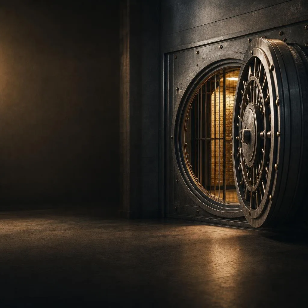 Abstract dark vault with a glowing lock motif